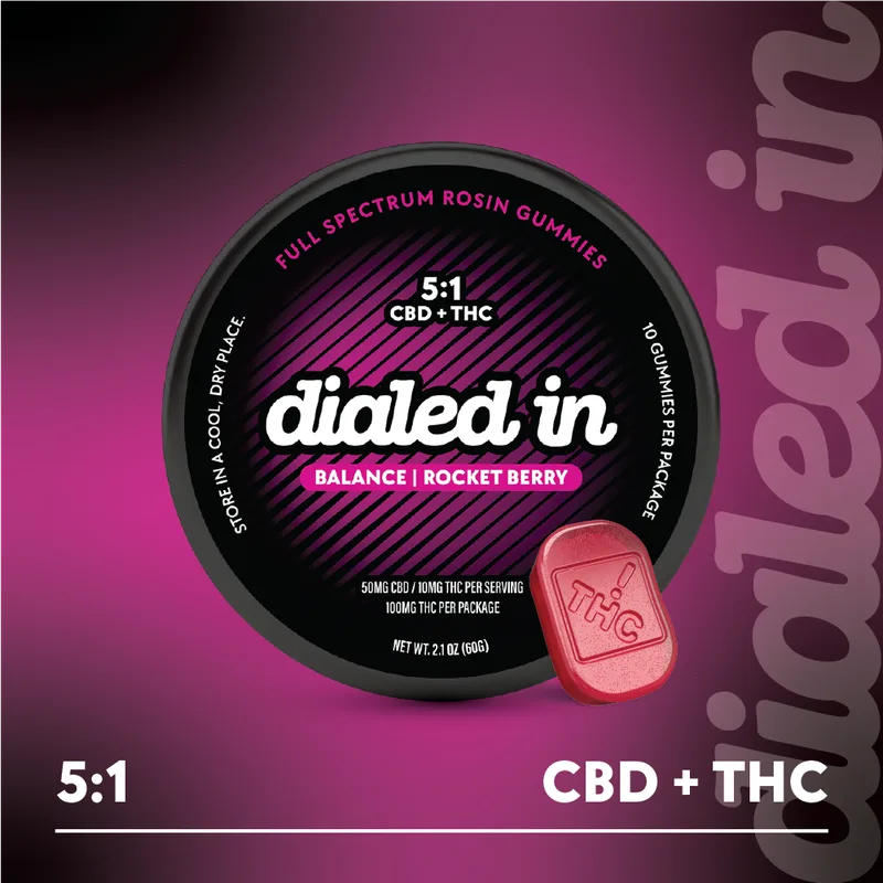 Dialed In Gummies Rosin 5:1 Balance (500mg CBD/100mg THC) - Rocket Berry