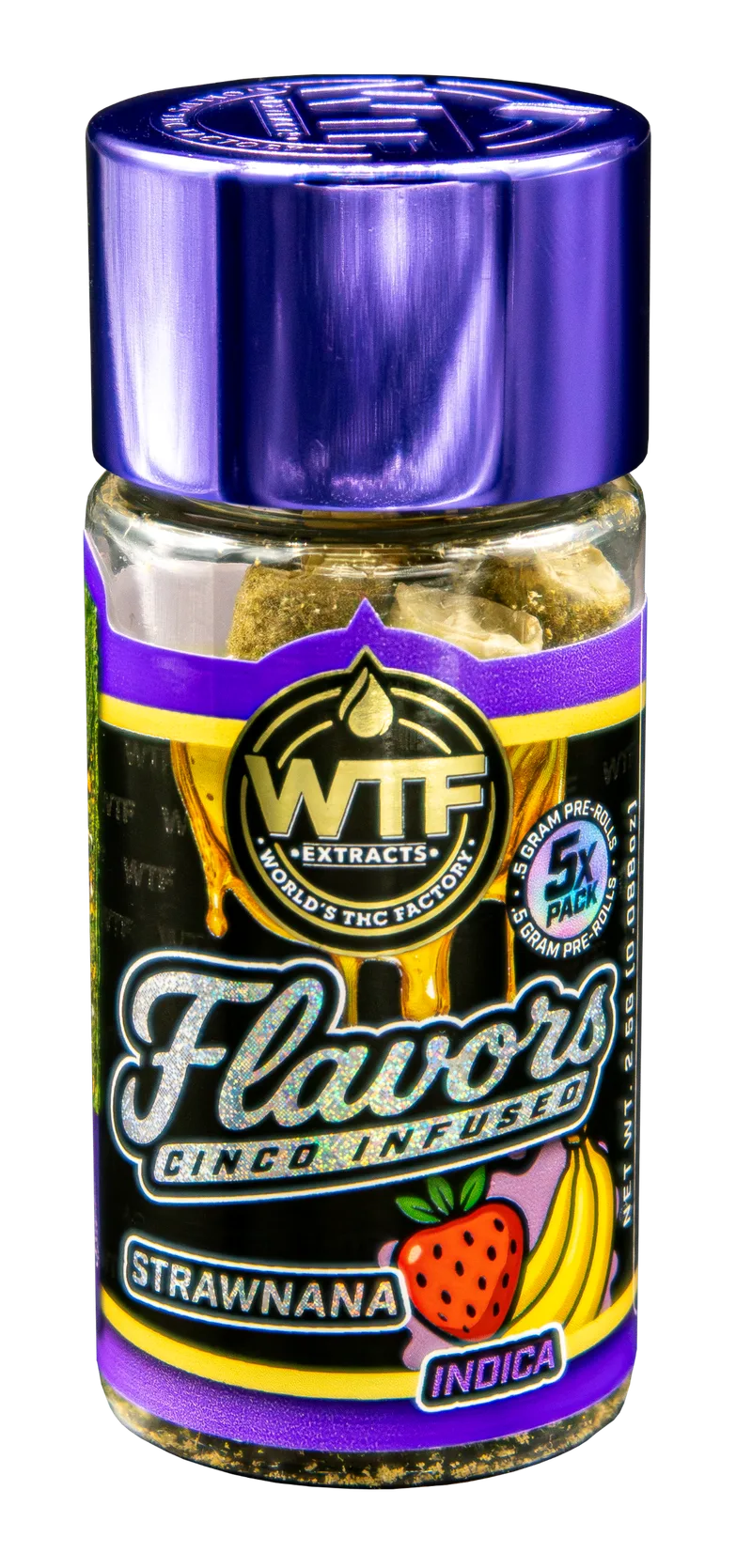 WTF Extracts 2.5g Cinco Infused Preroll 5pk - Strawnana